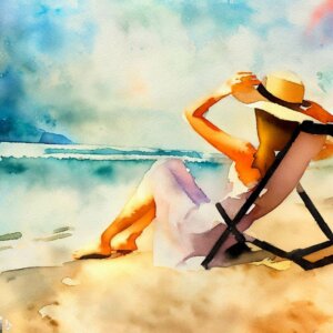 Frau entspannt am Strand, Sehnsucht nach Urlaub