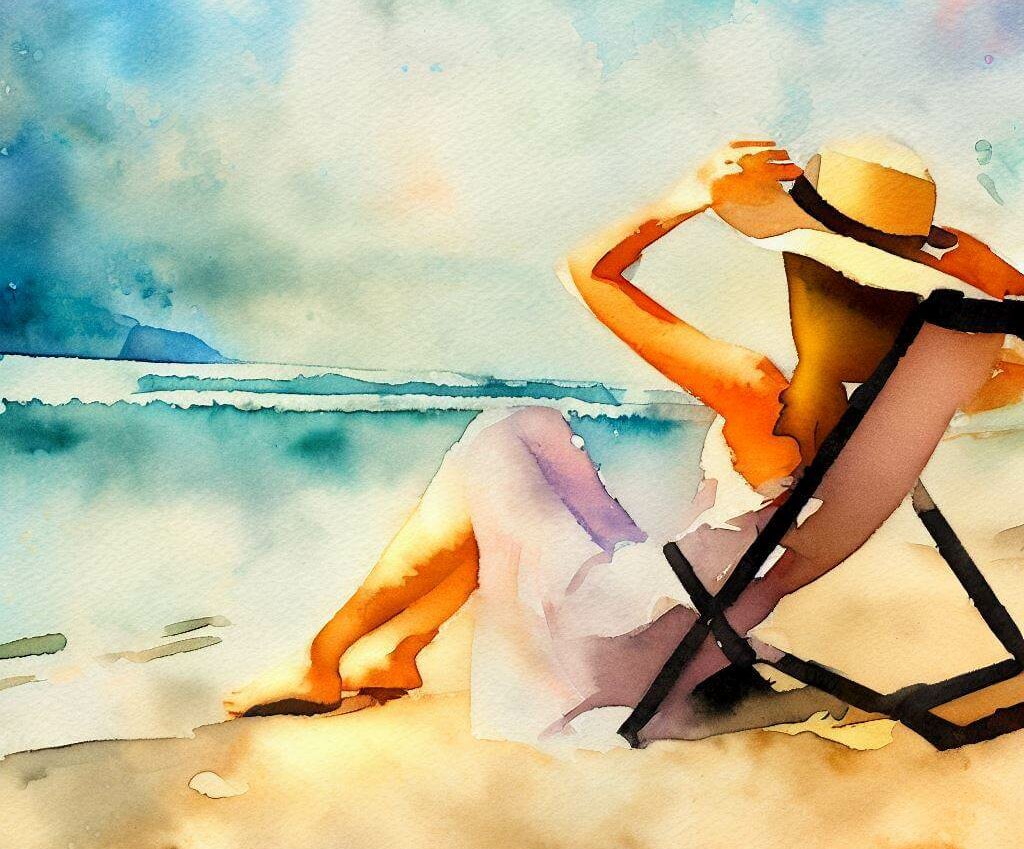 Frau entspannt am Strand, Sehnsucht nach Urlaub